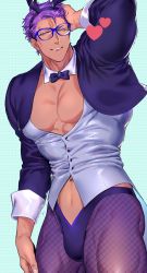 Rule 34 | 1boy, animal ears, aqua background, arm behind head, bad id, bad twitter id, bikini briefs, black bow, black bowtie, borrowed design, bow, bowtie, cowboy shot, detached collar, fake animal ears, fate/grand order, fate (series), fishnet pantyhose, fishnets, glasses, grid background, heart, highres, lancelot (fate/grand order), lee (i), leotard, looking at viewer, male focus, male playboy bunny, male underwear, navel, pantyhose, parted lips, pectoral cleavage, pectorals, playboy bunny, purple-framed eyewear, purple eyes, purple pantyhose, rabbit ears, shrug (clothing), smile, solo, tan, grid background, underwear, waistcoat