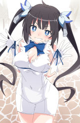 Rule 34 | 1girl, black hair, blue bow, blue bowtie, blue eyes, blue ribbon, blush, bow, bowtie, breasts, cleavage, commentary, covered navel, dungeon ni deai wo motomeru no wa machigatteiru darou ka, gloves, hair ribbon, hestia (danmachi), ixy, large breasts, long hair, looking at viewer, rei no himo, ribbon, smile, solo, thighs, twintails, white gloves, white ribbon