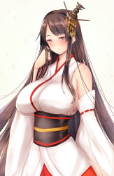 Rule 34 | 10s, 1girl, blush, breasts, brown hair, detached sleeves, female focus, fusou (kancolle), highres, huge breasts, jitome, kantai collection, long hair, looking at viewer, pink eyes, playing with own hair, solo, untue, very long hair