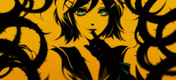 Rule 34 | 1girl, black gloves, blue eyes, bow, finger to mouth, fourthy, gloves, hair between eyes, hair ornament, hairclip, kagamine rin, long hair, looking at viewer, monochrome, ribbon, sailor collar, short hair, sleeveless, spot color, thorns, upper body, vocaloid, wrist ribbon, yellow background, yellow theme