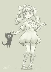 Rule 34 | 1girl, blunt bangs, blush, bow, cat, character name, closed mouth, coco (kuro), commentary, copyright name, dress, grey background, greyscale, hair bow, hand up, kuro (kuro), kuro (manga), monochrome, neck ribbon, pas (paxiti), pom pom (clothes), ribbon, shoes, short dress, short sleeves, simple background, smile, socks, solo, spot color, standing, twintails