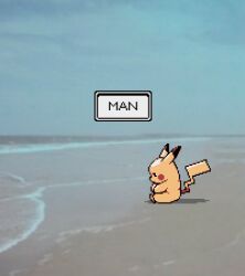 Rule 34 | beach, commentary, creatures (company), dialogue box, english text, from side, full body, game freak, gen 1 pokemon, kam2d, looking down, man (meme), meme, nintendo, no humans, ocean, outdoors, parody, pikachu, pokemon, pokemon (creature), sad, sitting, solo, symbol-only commentary