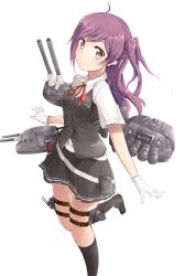 Rule 34 | 10s, 1girl, absurdres, ahoge, anti-aircraft, anti-aircraft gun, black footwear, black skirt, blouse, breasts, cannon, flower, gloves, hagikaze (kancolle), highres, kantai collection, loafers, long hair, looking at viewer, machinery, nagiha kuten, neck ribbon, one side up, pleated skirt, purple hair, red ribbon, ribbon, school uniform, shirt, shoes, short sleeves, skirt, small breasts, socks, solo, torpedo, turret, vest, yellow eyes
