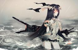 Rule 34 | 10s, 1girl, anchorage water oni, cannon, cloud, cloudy sky, damaged, eules, hand on own chest, horns, kantai collection, long hair, ocean, outdoors, pale skin, puffy sleeves, rain, red eyes, sinking, sky, solo, storm, torn clothes, very long hair