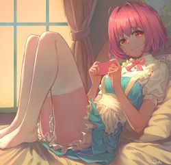 Rule 34 | 1girl, apron, blue dress, breasts, commentary request, dress, feet, female focus, from side, hair intakes, idolmaster, idolmaster cinderella girls, idolmaster cinderella girls starlight stage, looking at viewer, lying, maid, medium breasts, medium hair, no shoes, on bed, pink ribbon, red eyes, ribbon, short sleeves, shoukichi (shony), solo, thighhighs, wavy mouth, white apron, white thighhighs, window, yumemi riamu
