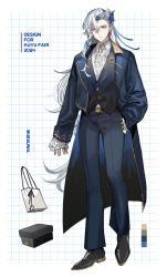 Rule 34 | 1boy, alternate costume, asymmetrical bangs, bag, black footwear, black vest, blue coat, blue hair, blue pants, brooch, center frills, character sheet, closed mouth, coat, color guide, earrings, english text, expressionless, feather hair ornament, feathers, frilled sleeves, frills, full body, genshin impact, hair between eyes, hair ornament, hand in pocket, hand on own hip, highres, jewelry, lapels, long hair, long sleeves, looking at viewer, male focus, multicolored hair, neuvillette (genshin impact), notched lapels, open clothes, open coat, pants, pointy ears, purple eyes, sailor collar, shirt, shoes, shopping bag, single sidelock, sleeve cuffs, standing, streaked hair, stud earrings, twitter username, ueauwa, very long hair, vest, white background, white hair, white shirt