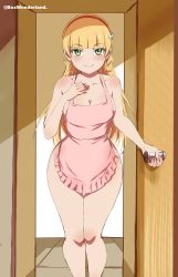 Rule 34 | 1girl, absurdres, apron, bare legs, bare shoulders, blonde hair, blush, bow, box wonderland, breasts, cleavage, collarbone, door, hair bow, hair ornament, hairband, hand on own chest, heanna sumire, highres, hime cut, indoors, large breasts, long hair, looking at viewer, love live!, love live! superstar!!, naked apron, no bra, no panties, nude, sideboob, signature, solo, standing, thighs, wide hips, yellow eyes