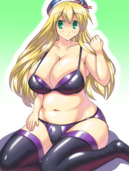 Rule 34 | 10s, 1girl, atago (kancolle), blonde hair, blush, bra, breasts, cleavage, easily, green eyes, hat, huge breasts, kantai collection, long hair, navel, panties, plump, sitting, smile, solo, thighhighs, underwear