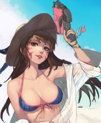 Rule 34 | bad id, bad twitter id, bare shoulders, blue sky, breasts, brown eyes, brown hair, cloud, cloudy sky, collarbone, d.va (overwatch), day, facial mark, gun, handgun, hat, highres, holding, holding gun, holding weapon, jam (nandade), charm (object), long hair, outdoors, overwatch, overwatch 1, pistol, see-through, sky, solo, tongue, tongue out, weapon