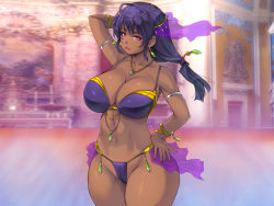 Rule 34 | 1girl, ahoge, arm up, armpits, bare shoulders, bikini, blurry, blurry background, breasts, cleavage, cowboy shot, dark skin, dark-skinned female, female focus, groin, hand on own hip, harem outfit, large breasts, legs, legs together, long hair, looking at viewer, lots of jewelry, low-tied long hair, makeup, nail polish, navel, original, parted lips, pink eyes, purple hair, red nails, solo, standing, swimsuit, thick thighs, thighs, thong, veil, yakuza yuusha wo maneite shimatta machi, yoko juusuke