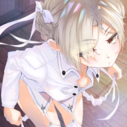 Rule 34 | 1girl, azur lane, blonde hair, braid, breasts, collared shirt, commentary request, dressing, eyes visible through hair, garter straps, hair over one eye, hair ribbon, highres, indoors, jitome, light particles, long sleeves, looking at viewer, maid, maid headdress, murata ryou, parted lips, partially unbuttoned, ribbon, sheffield (azur lane), shirt, short hair, small breasts, solo, white ribbon, white shirt, yellow eyes