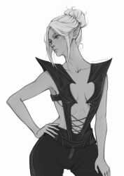 Rule 34 | 1girl, baldur&#039;s gate, baldur&#039;s gate 3, bare arms, black pants, breasts, clothing request, collarbone, commentary, contrapposto, cowboy shot, dark elf, dungeons &amp; dragons, elf, expressionless, hair bun, hand on own hip, hand on own thigh, highres, looking ahead, midriff, minthara, navel, neck tattoo, pants, parted bangs, paulina klime, pointy ears, short hair, sideboob, simple background, single hair bun, solo, standing, tattoo, white background, white hair