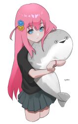 Rule 34 | 1girl, artist name, bags under eyes, black mouth, black shirt, blue eyes, bocchi the rock!, closed mouth, cropped legs, cube hair ornament, gotoh hitori, grey skirt, hair ornament, highres, holding, holding stuffed toy, long hair, looking at viewer, miniskirt, hugging object, one side up, open mouth, pink hair, pink wristband, pleated skirt, ryumikooo, sacabambaspis, shirt, short sleeves, simple background, skirt, solo, stuffed animal, stuffed fish, stuffed toy, t-shirt, triangle mouth, white background, wristband