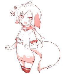 Rule 34 | 1girl, :d, ahoge, animal ears, blush, clothes writing, collar, commentary, cowboy shot, cropped legs, dog ears, dog tail, done (donezumi), fang, long hair, looking at viewer, monochrome, no pants, open mouth, original, rattail, shirt, short hair with long locks, short sleeves, simple background, smile, solo, t-shirt, tail, thighhighs, titi-chan (nezumi inu), white background