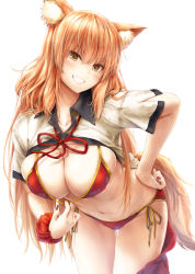 Rule 34 | 1girl, :d, absurdres, animal ears, bikini, bikini under clothes, blush, breasts, brown eyes, cleavage, covered erect nipples, fate/grand order, fate (series), fox ears, fox girl, fox tail, grin, hand on own hip, hanging breasts, head tilt, highres, large breasts, leaning forward, long hair, looking at viewer, nail polish, navel, open clothes, open mouth, open shirt, orange hair, red bikini, red nails, red ribbon, ribbon, scrunchie, shirt, short sleeves, simple background, smile, solo, suien, suzuka gozen (fate), swimsuit, tail, teeth, thigh gap, white legwear, white shirt, wrist scrunchie