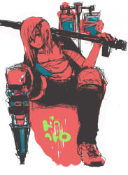Rule 34 | 1girl, amputee, artist request, capsule, dorohedoro, eyepatch, looking back, monochrome, nikaidou (dorohedoro), over shoulder, red theme, simple background, sitting, solo, white background