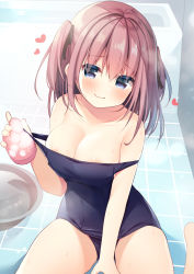 Rule 34 | 1girl, areola slip, bare shoulders, barefoot, bath, bathroom, bathtub, black ribbon, blue eyes, blue one-piece swimsuit, blush, brown hair, closed mouth, collarbone, commentary request, hair between eyes, hair ribbon, hanamiya natsuka, heart, indoors, long hair, looking at viewer, off shoulder, old school swimsuit, one-piece swimsuit, original, pulling own clothes, ribbon, school swimsuit, smile, soap bubbles, solo, sponge, strap pull, swimsuit, tile floor, tiles, two side up, washpan, water