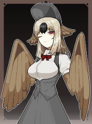 Rule 34 | 1girl, animal ears, bird ears, black background, black headwear, black souls, bonnet, bow, breasts, brown hair, brown wings, commentary request, dodo (black souls), feathered wings, feathers, gradient background, harpy, korean commentary, large breasts, long hair, monster girl, one eye closed, pixel art, red bow, red eyes, rypm4857, shirt, sidelocks, smile, solo, vest, white shirt, winged arms, wings