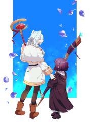 Rule 34 | 2girls, absurdres, aoba rena (kuro mameo), black coat, black robe, capelet, child, coat, commentary request, dangle earrings, drop earrings, earrings, elf, facing away, falling petals, fern (sousou no frieren), frieren, height difference, highres, holding, holding staff, hood, hood down, jewelry, mage staff, multiple girls, pantyhose, petals, pointy ears, purple hair, robe, short hair, sousou no frieren, staff, twintails, white capelet