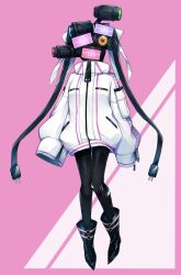 Rule 34 | 1girl, black footwear, black pantyhose, boots, bow, cable, camera, cardiogram, dalloc (project moon), full body, hair bow, jacket, library of ruina, long sleeves, mikoto0x0, monitor, object head, pantyhose, project moon, puffy long sleeves, puffy sleeves, smiley face, solo, white bow, white jacket, zipper