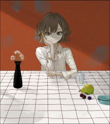 Rule 34 | 1girl, brown hair, cup, drinking glass, female focus, food, fruit, grapes, green eyes, head rest, highres, looking at viewer, original, pear, shirt, short hair, skkc 128, smile, solo, table, tablecloth, tsurime, vase, wavy hair, white shirt