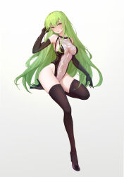 Rule 34 | 1girl, :o, absurdres, black gloves, black thighhighs, blush, breasts, c.c., code geass, full body, gloves, green hair, groin, hand in own hair, hand up, high heels, highleg, highleg leotard, highres, invisible chair, leotard, long hair, medium breasts, open mouth, see-through, see-through leotard, simple background, sitting, solo, thighhighs, very long hair, white background, yellow eyes, zhazhupai24