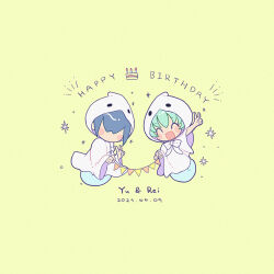 Rule 34 | 1boy, 1girl, blue hair, blush stickers, brother and sister, cake, character name, dated, food, ghost girl, ghost tail, green hair, hair over eyes, happy, happy birthday, kashima miyako, open mouth, puyopuyo, puyopuyo fever, rei (puyopuyo), short hair, siblings, simple background, string of flags, v, yu (puyopuyo)