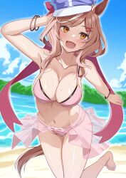 Rule 34 | 1girl, absurdres, alternate costume, animal ears, arm up, armpits, bare shoulders, barefoot, beach, blurry, blurry background, blush, bracelet, breasts, collarbone, commentary, foot up, hair ornament, hairclip, hat, highres, horse ears, horse girl, horse tail, jewelry, leg up, looking at viewer, matikane tannhauser (umamusume), medium breasts, medium hair, navel, newon, ocean, sand, solo, sweat, tail, umamusume