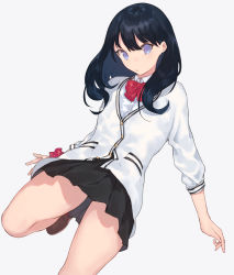 Rule 34 | 10s, 1girl, black hair, black skirt, blue eyes, bow, cardigan, collared shirt, fifuth, gridman universe, highres, loafers, long hair, long sleeves, looking at viewer, miniskirt, no pupils, pleated skirt, red bow, school uniform, scrunchie, shirt, shoes, skirt, solo, ssss.gridman, standing, standing on one leg, takarada rikka, thighs, unbuttoned, white cardigan, white shirt, wrist scrunchie