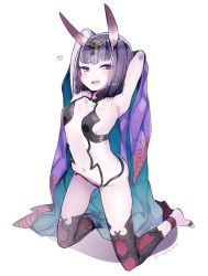 Rule 34 | 1girl, :d, armpits, black hair, bob cut, collarbone, fate/grand order, fate (series), heart, highres, horns, japanese clothes, jewelry, kanro ame (ameko), kimono, kneeling, midriff, navel, oni, open mouth, pale skin, purple eyes, short hair, shuten douji (fate), simple background, skin-covered horns, smile, solo, white background