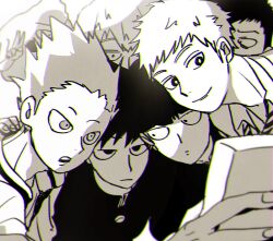 Rule 34 | 6+boys, bright pupils, cellphone, chromatic aberration, closed mouth, ekubo (mob psycho 100), fingernails, gakuran, greyscale, hanazawa teruki, holding, holding phone, kageyama ritsu, kageyama shigeo, male focus, mari-mason, mob psycho 100, monochrome, multiple boys, open mouth, phone, reigen arataka, school uniform, smartphone, smile, spiked hair, suzuki shou, teeth, upper teeth only, white pupils