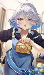Rule 34 | 1girl, absurdres, aether (genshin impact), ahoge, alternate costume, apron, back bow, bimmy, black shirt, black shorts, blue apron, blue bow, blue eyes, blue flower, blue gemstone, blue hair, blue rose, blurry, blurry background, blush, bow, box, collarbone, collared shirt, drill hair, drill sidelocks, drop-shaped pupils, eyelashes, flower, furina (genshin impact), gem, genshin impact, gold trim, grey hair, hair between eyes, hand on own hip, hand up, heterochromia, highres, holding, holding box, indoors, jewelry, long sleeves, looking at viewer, mismatched pupils, multicolored hair, open mouth, paimon (genshin impact), picture frame, ring, rose, shirt, short hair, shorts, sidelocks, solo, standing, symbol-shaped pupils, two-tone hair, v-shaped eyebrows, wedding ring, yellow flower, yellow rose