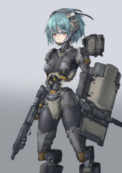 Rule 34 | 1girl, 979002978, android, arms at sides, blue hair, combat knife, commentary request, grey background, gun, highres, holding, holding gun, holding weapon, joints, knife, mechanical parts, missile pod, orange eyes, original, robot joints, science fiction, shield, short hair, simple background, solo, standing, weapon