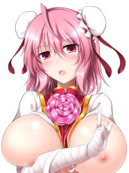 Rule 34 | 1girl, ahoge, bad id, bad pixiv id, bandages, blush, breasts, breasts out, bun cover, chinese clothes, double bun, flower, gisyo, hair bun, huge breasts, ibaraki kasen, large breasts, looking at viewer, nipples, open mouth, pink eyes, pink hair, rose, short hair, simple background, solo, tabard, touhou, white background