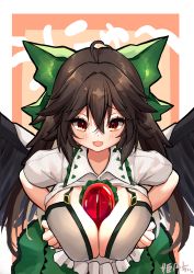 Rule 34 | 1girl, absurdres, ahoge, artist name, between breasts, black wings, bow, bra, breasts, breasts out, brown hair, cape, cleavage, collared shirt, feathered wings, green bow, green skirt, hair between eyes, hair bow, highres, hira-san, large breasts, long hair, looking at viewer, open mouth, red eyes, reiuji utsuho, shirt, skirt, smile, solo, third eye, touhou, underwear, very long hair, white bra, white cape, white shirt, wing collar, wings