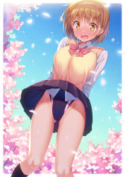 Rule 34 | 1girl, blue skirt, bow, bowtie, breasts, cameltoe, cherry blossoms, clothes lift, competition swimsuit, highres, kazuma (kazumav), large breasts, light brown hair, long sleeves, one-piece swimsuit, original, pink bow, pink bowtie, pleated skirt, school uniform, shirt, short hair, skirt, skirt lift, solo, swimsuit, swimsuit under clothes, vest, white shirt, wind, wind lift, yellow eyes