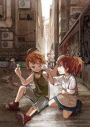 Rule 34 | 2boys, 3girls, absurdres, air conditioner, alley, arm grab, bad id, bad pixiv id, bag, bird, blonde hair, blood, bracelet, bread, brown hair, bruise, child, cityscape, coin, commentary request, crow, earrings, fence, food, graffiti, grin, grocery bag, hand on another&#039;s head, hand to own mouth, highres, injury, jewelry, kneehighs, kneeling, looking at another, multiple boys, multiple girls, one eye closed, open mouth, original, ponytail, sakata kaname, shirt, shopping bag, shorts, sitting, skirt, smile, socks, tears, unconscious, wiping face, wire