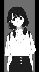Rule 34 | 1girl, absurdres, bad id, bad pixiv id, black hair, breasts, buttons, closed mouth, commentary request, cowboy shot, expressionless, greyscale, highres, hikaru (ofuton at5), long hair, looking at viewer, low twintails, monochrome, pants, shirt, shirt tucked in, sketch, solo, standing, tamura yuri, twintails, watashi ga motenai no wa dou kangaetemo omaera ga warui!