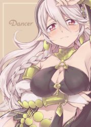 Rule 34 | 1girl, arm up, armpits, bare shoulders, blush, breasts, cleavage, corrin (female) (fire emblem), corrin (fire emblem), cosplay, fire emblem, fire emblem awakening, fire emblem fates, fire emblem heroes, hairband, hiyori (rindou66), jewelry, long hair, looking at viewer, medium breasts, navel, nintendo, olivia (fire emblem), olivia (fire emblem) (cosplay), pointy ears, red eyes, silver hair, slit pupils, solo