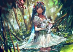 Rule 34 | 1girl, absurdres, aqua eyes, aqua hair, blurry, bokeh, bouquet, branch, bug, butterfly, crying, depth of field, dress, dutch angle, flower, hair between eyes, hatsune miku, head wreath, highres, holding, insect, jewelry, jungle, lily (flower), lily pad, long hair, looking at viewer, nature, necklace, open mouth, outdoors, parted bangs, partially submerged, pendant, pine (yellowpine112), pink flower, pink rose, plant, pond, puffy short sleeves, puffy sleeves, ripples, rose, sad, see-through, short sleeves, solo, tears, tree, tsukun112, twintails, very long hair, vocaloid, wading, water, wedding dress, wet, wet clothes, wet hair, wetland, white dress, white flower, white rose, wreath, yellow flower, yellow rose