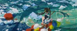 Rule 34 | 1girl, above clouds, artist name, balloon, bare legs, black jacket, blue skirt, boat, broom, broom riding, brown hair, cloud, commentary request, dated, dock, facing away, from behind, hair ribbon, highres, jacket, long hair, midair, ocean, original, outdoors, pleated skirt, red footwear, ribbon, scenery, shoes, skirt, sneakers, solo, watercraft, white jacket, wide shot, xilmo, yellow ribbon