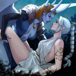 Rule 34 | 2girls, absurdres, annasassiart, baldur&#039;s gate, baldur&#039;s gate 3, bare shoulders, blue skin, blush, breasts, collarbone, colored skin, demon girl, demon horns, dress, dungeons &amp; dragons, eye contact, fingernails, from side, hair ornament, highres, horns, jewelry, large breasts, long hair, long sleeves, looking at another, mizora (baldur&#039;s gate), multi-tied hair, multiple girls, necklace, official alternate hair color, pointy ears, profile, shadowheart (baldur&#039;s gate), sharp fingernails, sleeves past wrists, smile, white dress, wings, yuri