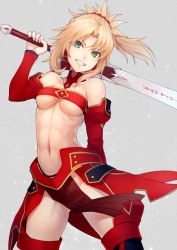 Rule 34 | 1girl, :d, arm up, armor, bare shoulders, blonde hair, breasts, clarent (fate), cowboy shot, detached collar, detached sleeves, fate/apocrypha, fate/grand order, fate (series), faulds, green eyes, grey background, grin, head tilt, kyoeiki, legs apart, loincloth, long sleeves, looking at viewer, medium breasts, mordred (fate), mordred (fate/apocrypha), navel, no panties, open mouth, parted bangs, ponytail, revealing clothes, short hair, sidelocks, simple background, smile, solo, standing, stomach, strapless, teeth, thighs, toned, tube top, underboob, v-shaped eyebrows