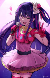 Rule 34 | 1girl, artist name, belt, black belt, boots, commentary, dress, frilled dress, frilled gloves, frills, gloves, heart, highres, holding, holding microphone, hoshino ai (oshi no ko), idol, long hair, microphone, mirlo2hu, multicolored hair, one eye closed, one side up, open mouth, oshi no ko, pink dress, pink footwear, pink gloves, pink hair, purple eyes, purple hair, sidelocks, sleeveless, sleeveless dress, smile, solo, star-shaped pupils, star (symbol), streaked hair, swept bangs, symbol-shaped pupils, teeth, thigh boots, thighhighs, turtleneck, turtleneck dress, v, zettai ryouiki