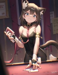 Rule 34 | 1girl, absurdres, animal ear fluff, animal ears, arm strap, artist name, bilibili xiaolu, black collar, black gloves, black hair, black leotard, black pantyhose, blue eyes, breasts, card, cat ears, cat girl, cat tail, chinese commentary, collar, corrupted metadata, extra ears, fingerless gloves, gloves, highres, holding, holding card, indoors, kittysuit, leash, leotard, nontraditional playboy bunny, original, pantyhose, playboy bunny, short hair, small breasts, solo, table, tail, viewer holding leash