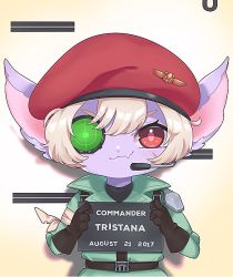 Rule 34 | 1girl, artificial eye, blue skin, coat, colored skin, fang, gloves, hat, league of legends, looking at viewer, mechanical eye, pointy ears, red eyes, scar, soldier, trench coat, tristana, uniform, white hair, yordle
