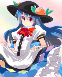 Rule 34 | 1girl, bad id, bad pixiv id, blue hair, blush, clothes lift, dress, dress lift, fa no hito, food, frills, fruit, hat, hinanawi tenshi, long hair, peach, red eyes, solo, touhou, when you see it