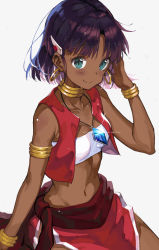 Rule 34 | 1girl, adjusting hair, armband, bare shoulders, blush, bob cut, bracelet, collarbone, commentary, dark-skinned female, dark skin, earrings, fushigi no umi no nadia, hair ornament, hairclip, hoop earrings, jewelry, looking at viewer, m2 (guvn5745), midriff, nadia la arwall, navel, neck ring, necklace, pelvic curtain, purple hair, red vest, short hair, simple background, sitting, smile, solo, sparkle, strapless, tube top, vest, white background