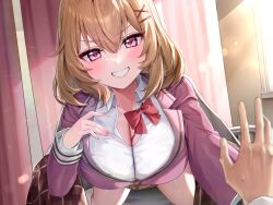 Rule 34 | 1girl, absurdres, blush, bow, bowtie, breasts, cleavage, collarbone, collared shirt, dress shirt, grin, highres, jacket, large breasts, light brown hair, long sleeves, looking at viewer, original, pink eyes, pink jacket, pov, shirt, short hair, smile, solo focus, white shirt, yayoi maka
