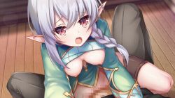 Rule 34 | 1boy, 1girl, animated, animated gif, bottomless, bouncing breasts, breasts, breasts out, censored, clothes lift, elf, heavy breathing, nipples, pointy ears, riding, sex, shirt lift, silver hair, small breasts